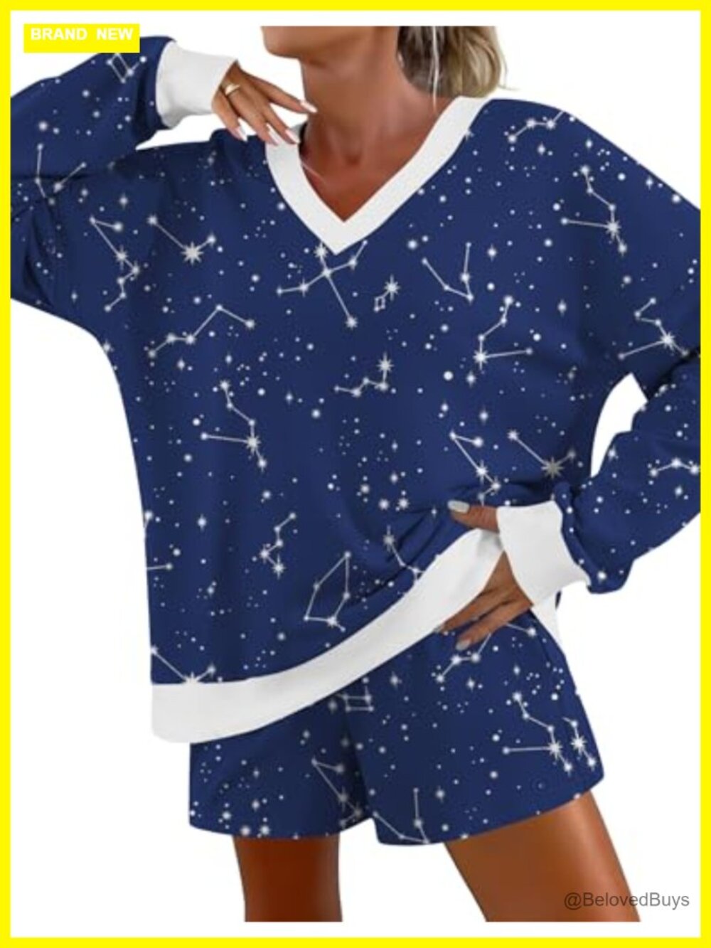 AKEWEI Womens Pajama Set V Neck Long Sleeve Top Shorts Loungewear